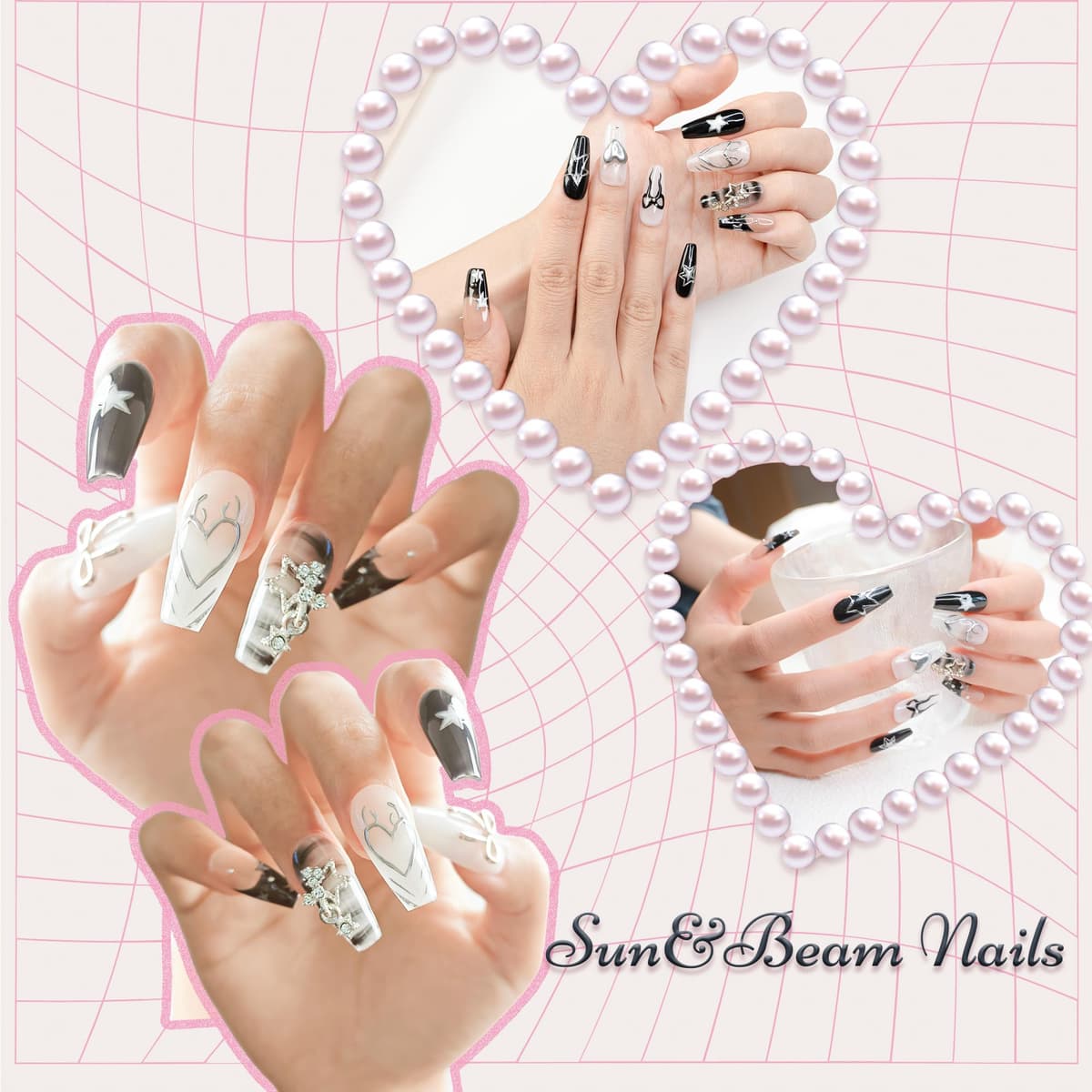 Sun&Beam Nails Handmade Press On Nail Long Coffin Ballerina Pink Flower Acrylic Fake Tip 3D Design Art Charms Cute with Storage Box 10 Pcs (S) — view 35