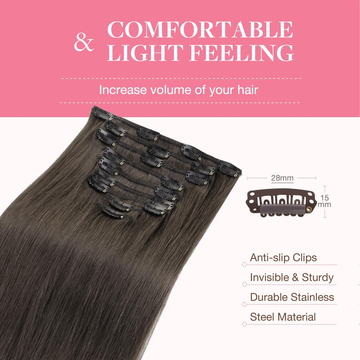 GOO GOO Clip in Hair Extensions Human Hair, 18inch 150g 9Pcs, #2 Dark Brown, Hair extensions for women, Human Hair Extensions Clip in — view 346