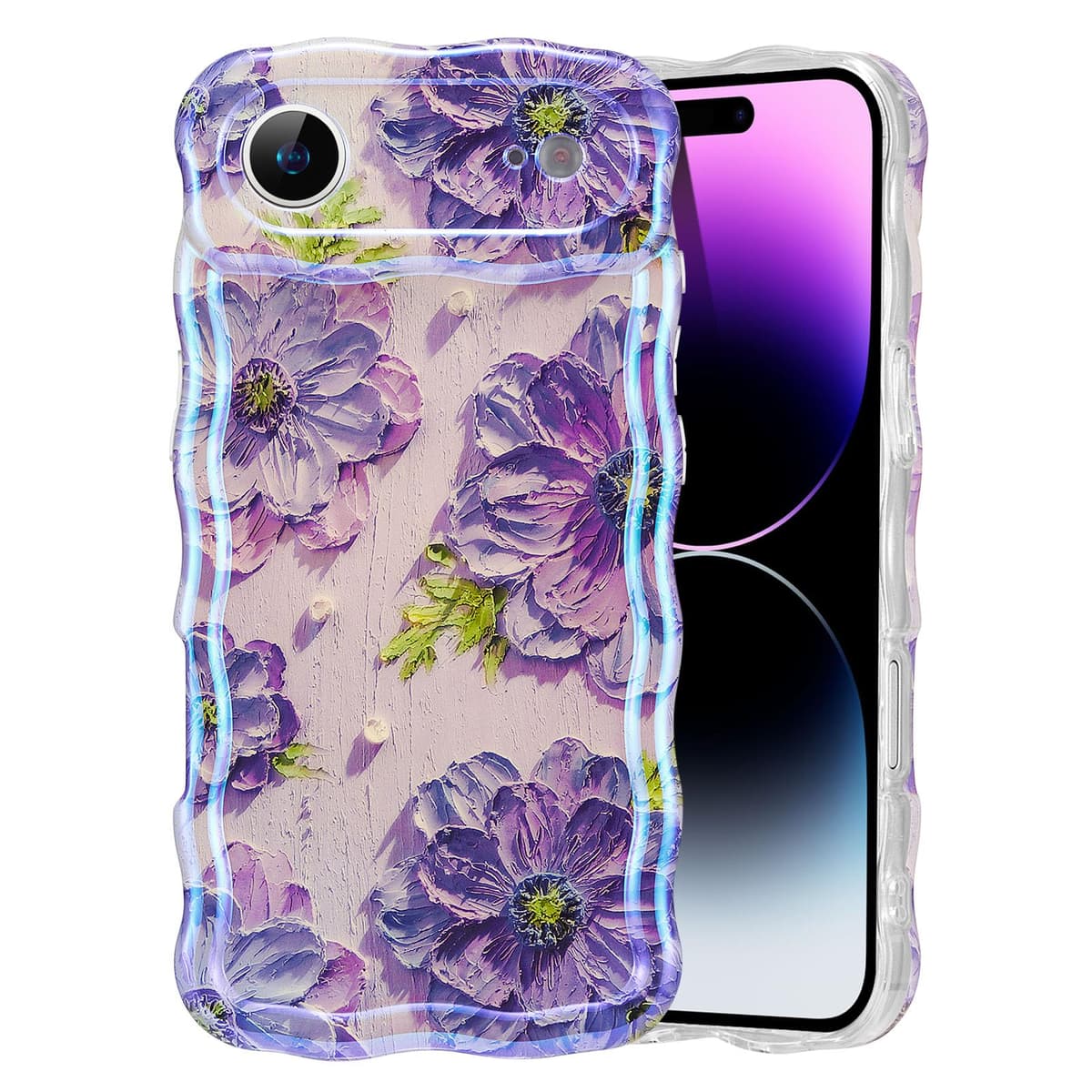 EYZUTAK Case for iPhone 16, Colorful Retro Oil Painting Printed Flower Laser Glossy Pattern Cute Curly Wave Edge Exquisite Phone Cover Stylish Durable TPU Protective Case for Girl Women-Green — view 56