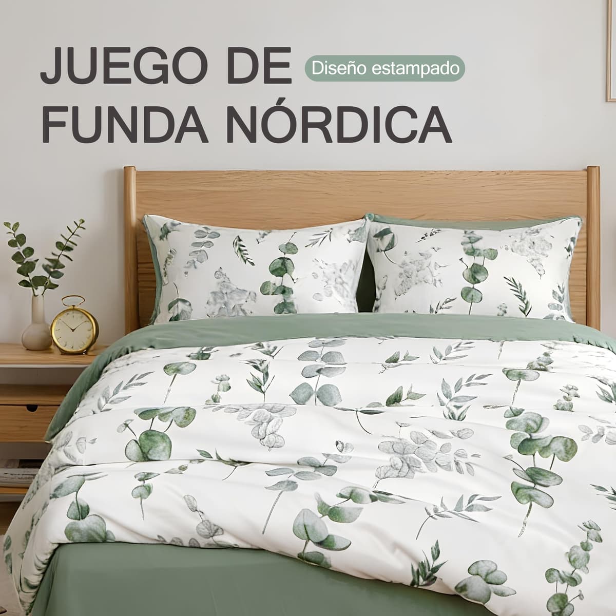 Etrexonline Juego de Funda Nórdica 4 Piezas Cama 135 Microfibra Suave Transpirable - 1 Funda Edredón 220x220 cm, 1 Bajera 135x200+30 cm y 2 Fundas de Almohada 50x70 cm (Eucalipto) — view 2