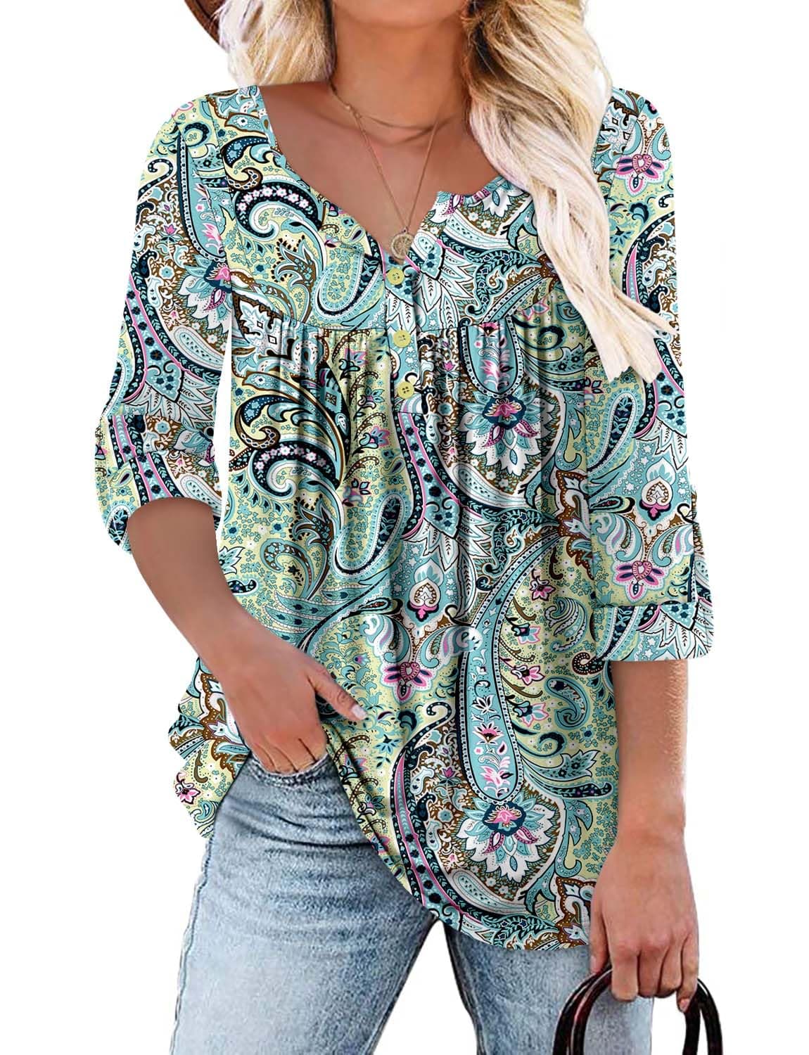 KISSMODA Ladies Pleated Tunic Tops for Women Buttons up Long Sleeve Shirts Floral Print — view 35