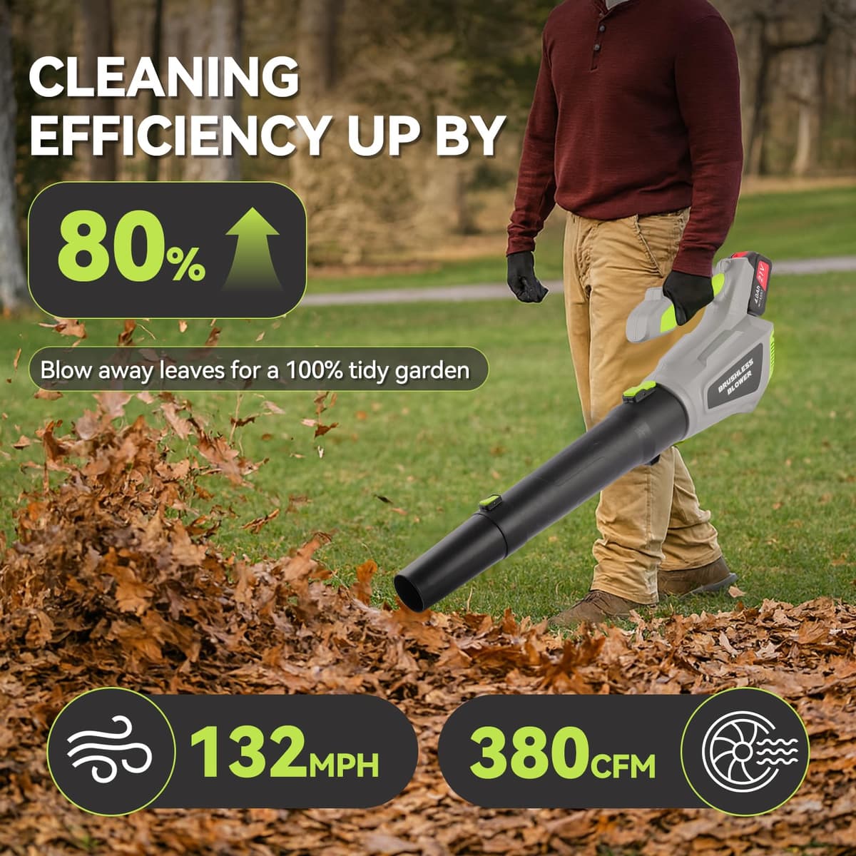 Soplador de Hojas Batería ,con 2x4.0Ah Baterías y Cargador, 132MPH, 380CFM, 3 Velocidades, con Tubo Recto y Curvo, Sopladora de Aire Potente para Jardín, Patio, Césped, Polvo y Hojas — view 3