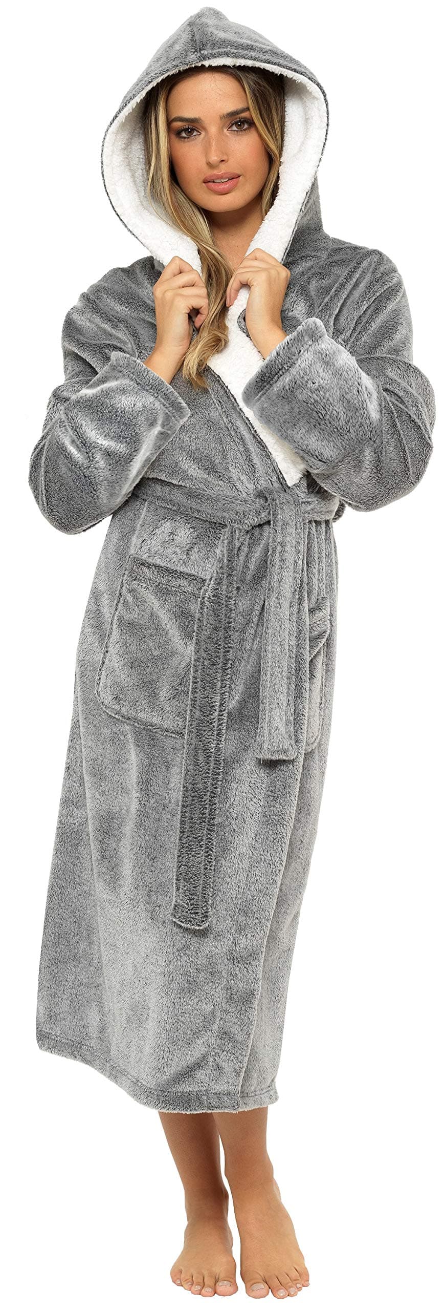 KATE MORGAN Ladies Dressing Gown Fluffy Super Soft Hooded Bathrobe for Women Plush Fleece Perfect Loungewear Long Robe | Gifts for Women — view 30