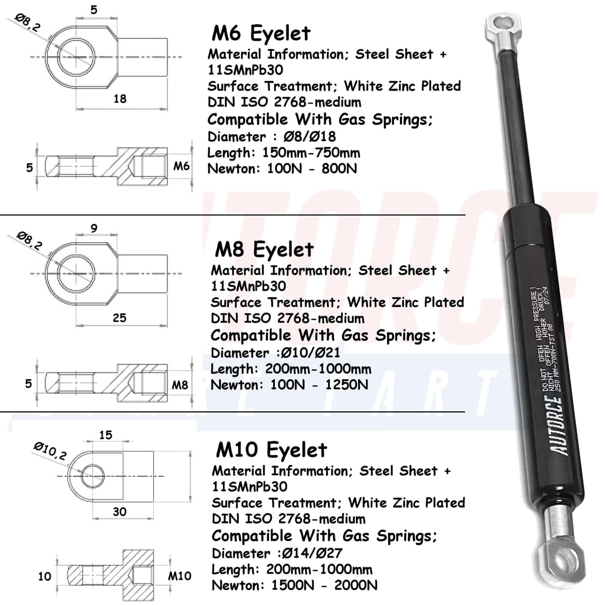 Universal Gas Struts Springs Heavy Duty Shock Absorber With EYELET Heads Force From 100N to 2000N, Open Length From 150MM to 1000MM AUTORCE Lift Support System (100 (N), 250MM) — view 6