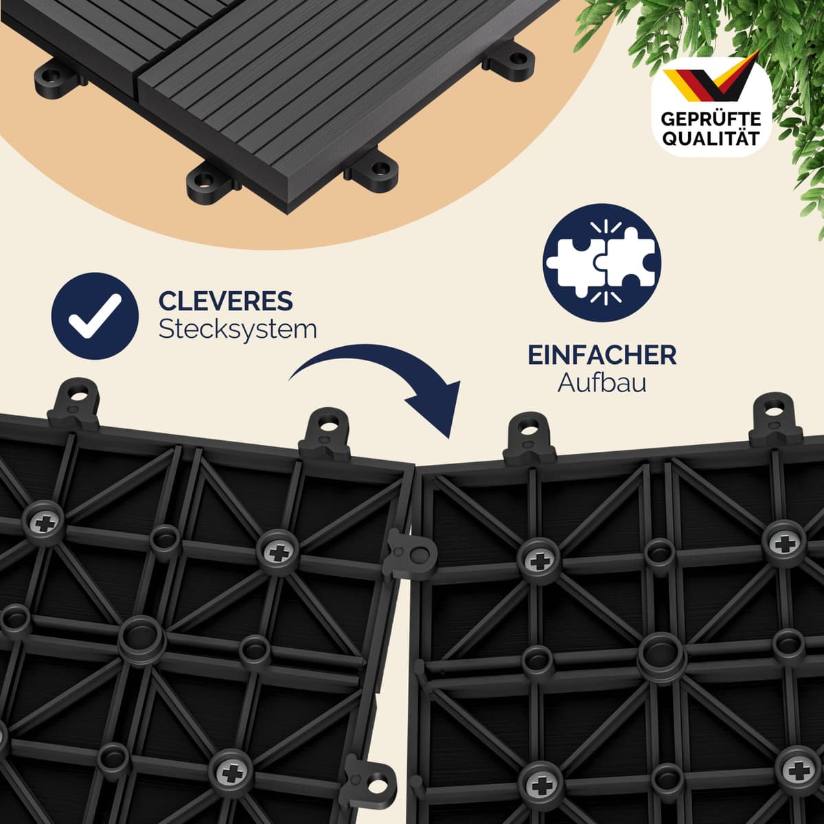 Casaria® Set Baldosas Exterior WPC Losetas Jardín Aspecto Madera Antideslizantes Rejilla Drenaje Resistente Intemperie Suelo Terraza Balcón Patio Cubiertas Interior Sistema Clic Antracita 30x30cm 4m² — view 3