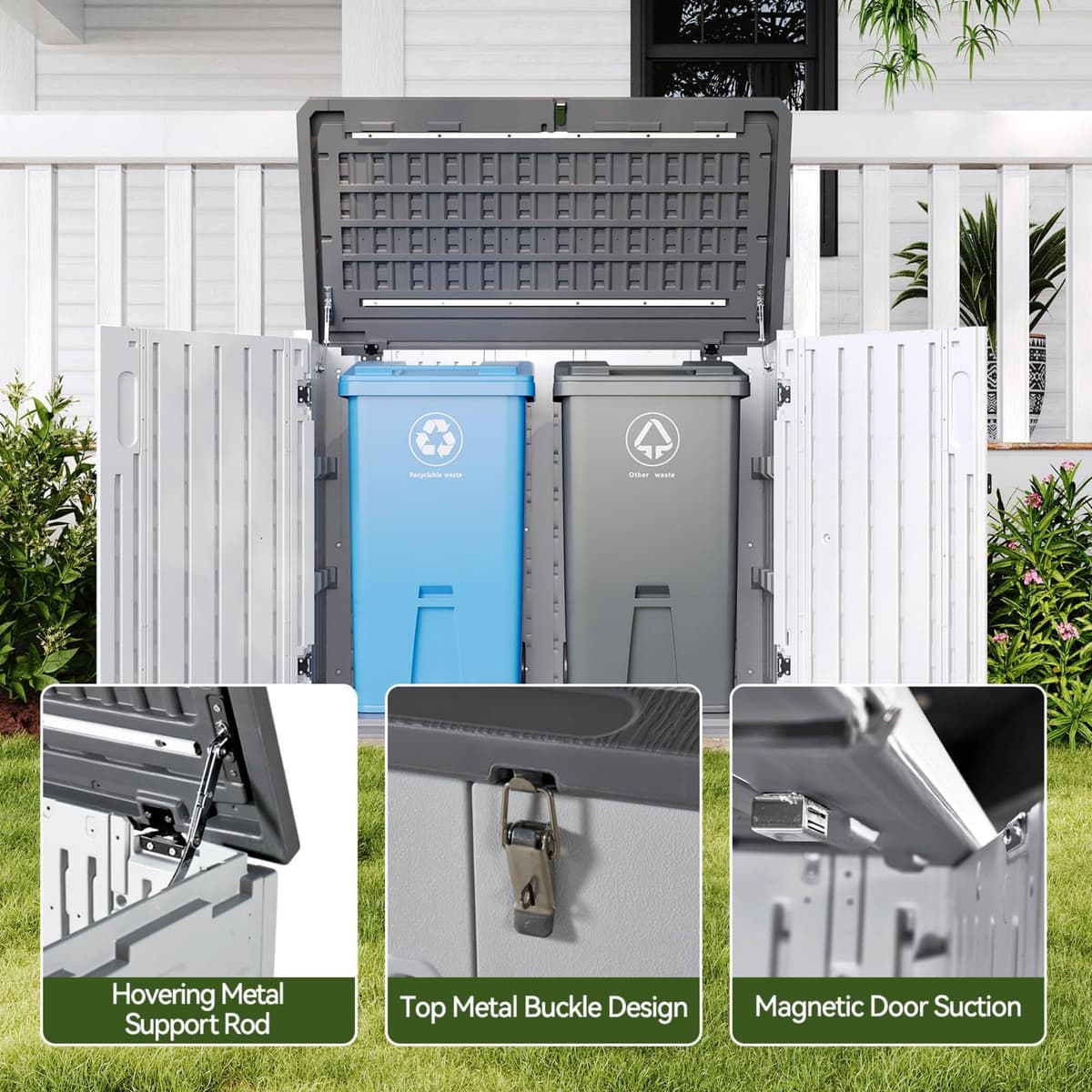 Aoxun 900L Resin Outdoor Storage Box, Waterproof Garden Tool Storage Cabinet with Anti-Topple Base, Heavy Duty Horizontal Wheelie Bin Shed Box for Patio, Backyard & Side Alley — view 3