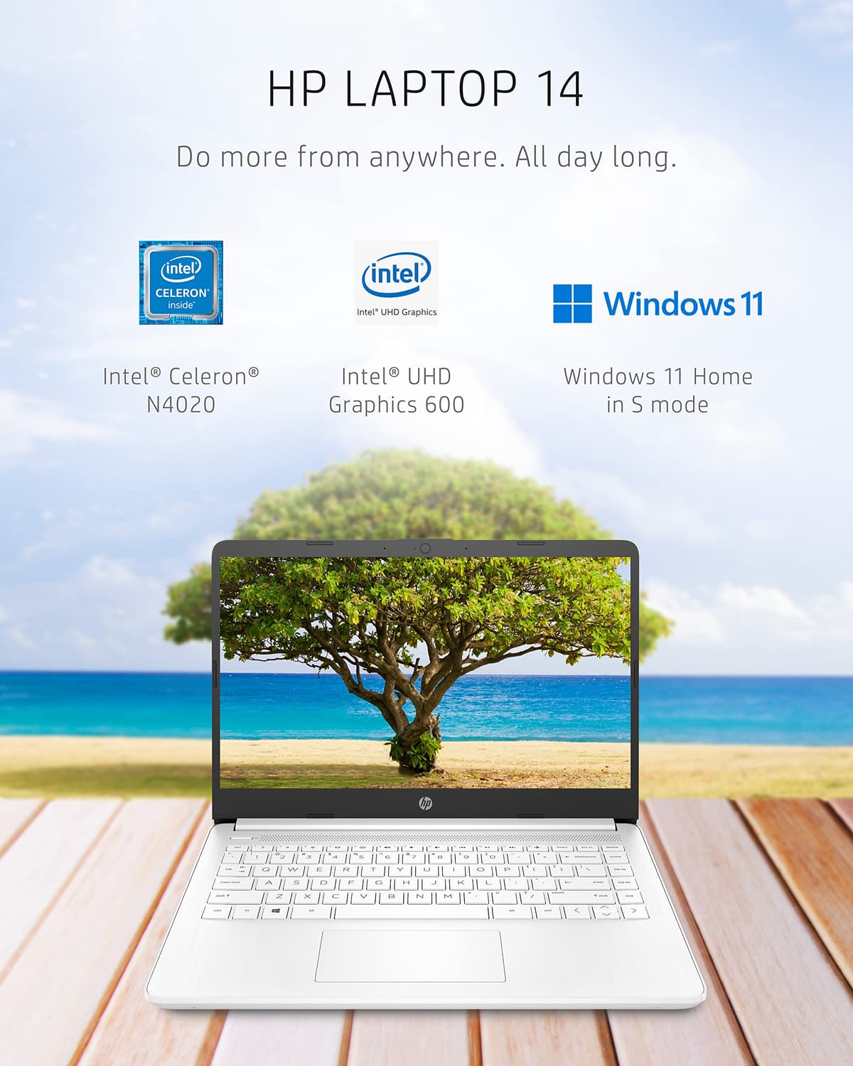 HP 14 Laptop, Intel Celeron N4020, 4 GB RAM, 64 GB Storage, 14-inch Micro-edge HD Display, Windows 11 Home, Thin & Portable, 4K Graphics, One Year of Microsoft 365 (14-dq0040nr, Snowflake White) — view 2
