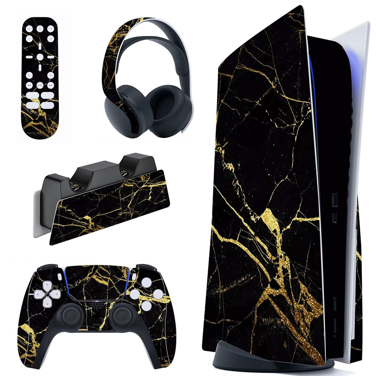 PlayVital Calcomanía Vinilo para ps5 Edición Disc - Pegatina Completa para Consola, Control, Base de Recarga, Control Remoto y Audífonos, Cubierta Protectora Adhesiva(Efecto de Mármol Dorado Rosa) — view 29