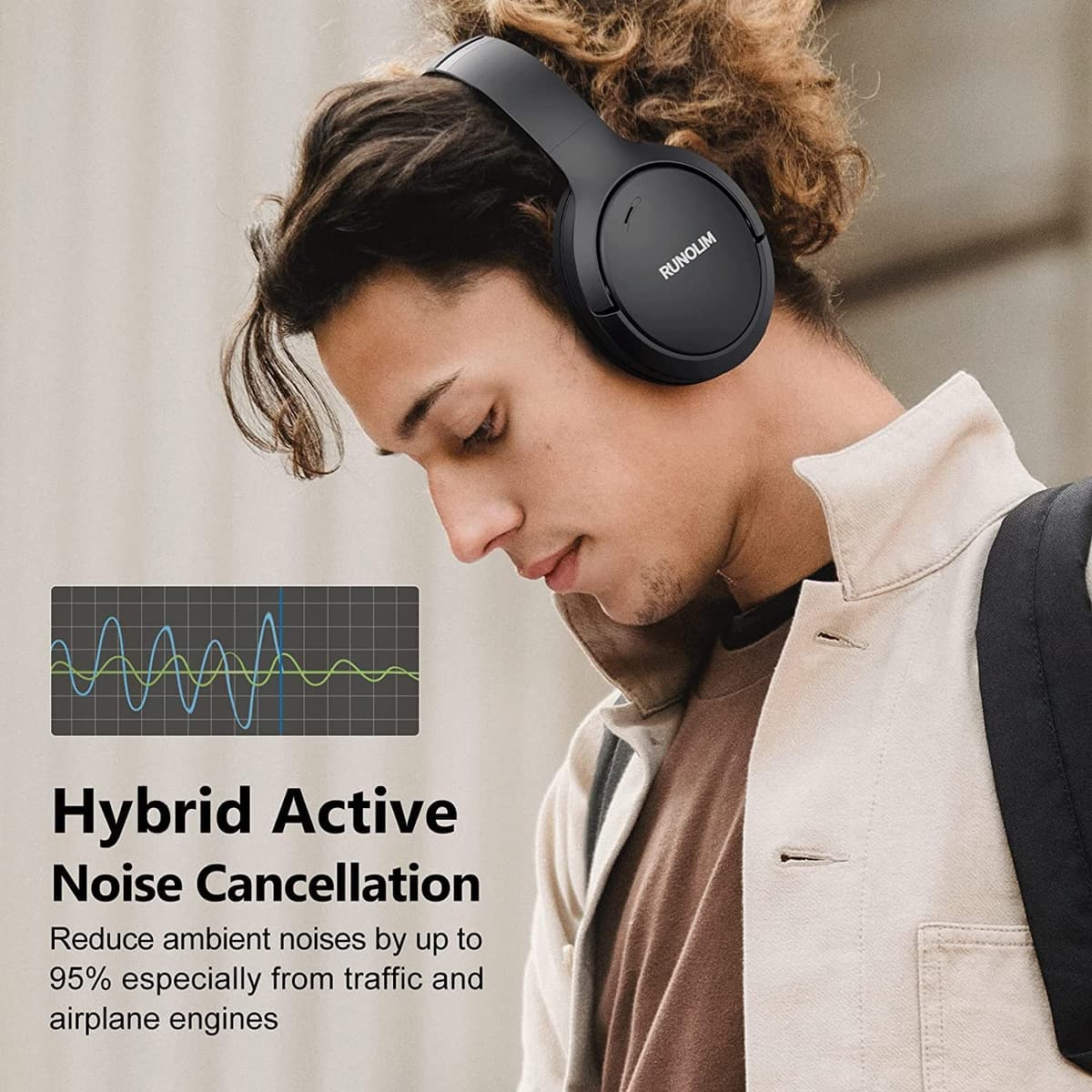 RUNOLIM Hybrid Active Noise Cancelling Headphones, Wireless Over Ear Bluetooth Headphones with Microphone, 70H Playtime, Foldable Wireless Headphones with HiFi Audio, Deep Bass for Home Travel Office — view 2