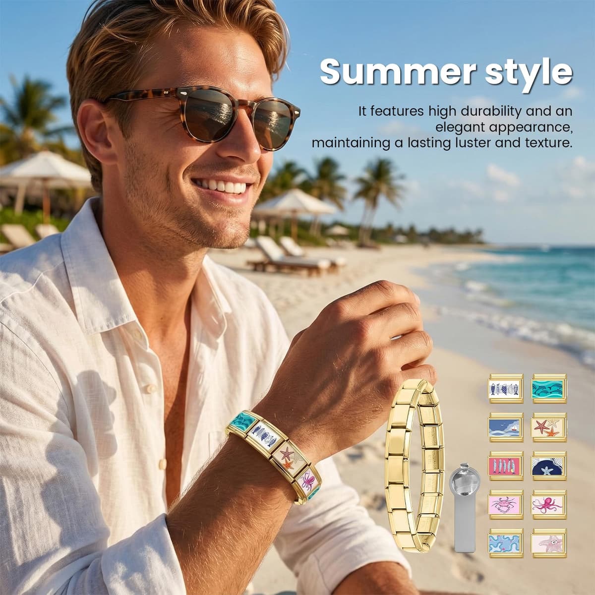 Vesavifaka Pulsera Italiana de Encantos Conjunto de Brazalete Dorado con 1 Pulsera Inicial, 10 Encantos Italianos Temáticos del Océano con Herramienta de Apertura, 9 mm Encantos Italianos Modulares, — view 2