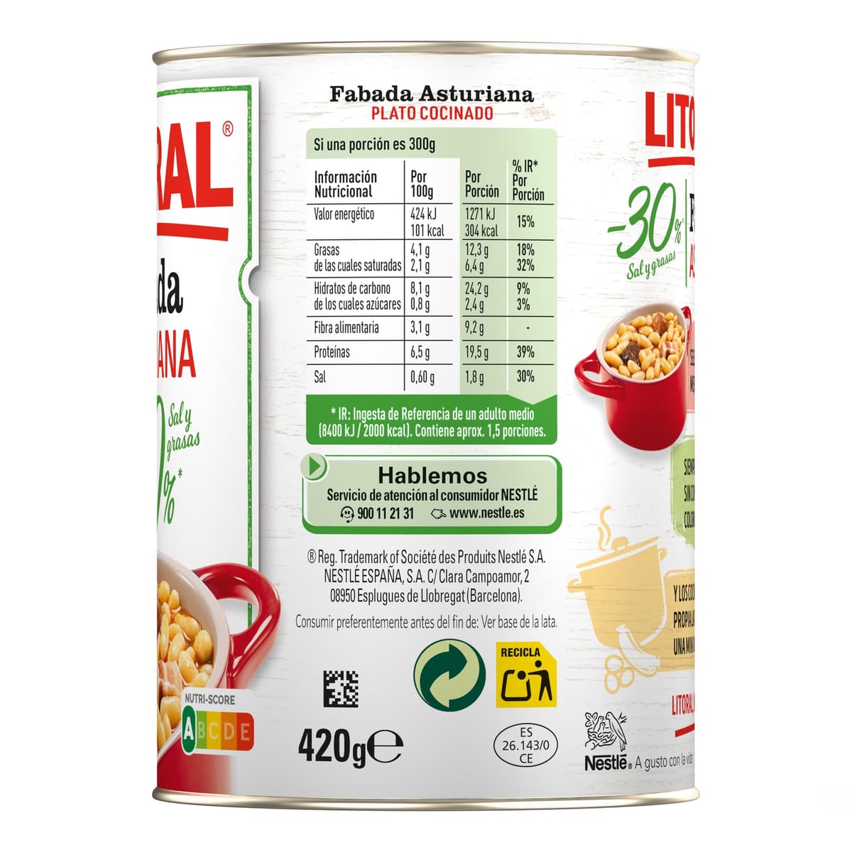 Litoral Fabada Asturiana -30% Sal y Grasa - Plato Preparado Sin Gluten - Pack de 10x420g - Total: 4.20kg — view 2
