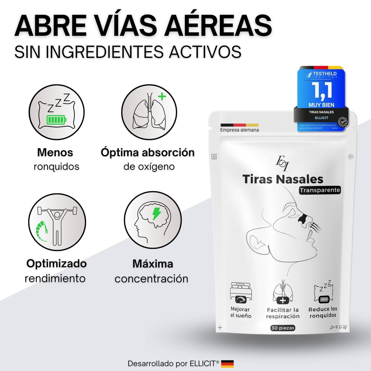 Ellicit Tiras Nasales Transparentes, paquete de 30 tiras nasales premium, contra los ronquidos, soporte extra para deportes y mejor calidad del sueño, mejor respiración con la nariz tapada — view 2