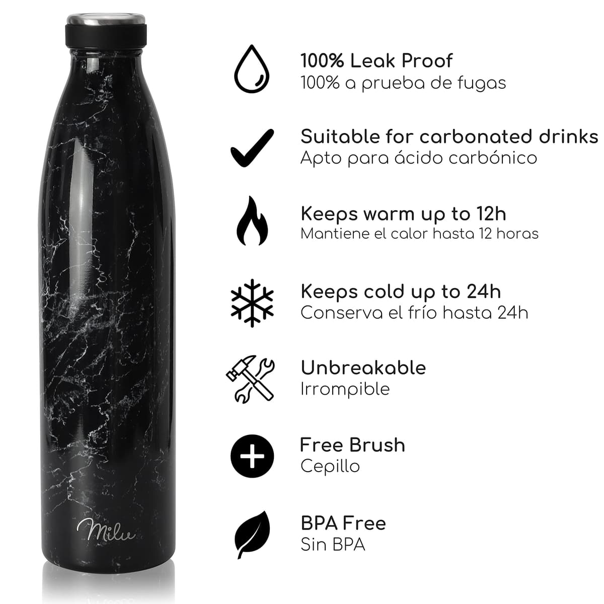 Milu Botella de acero inoxidable de 350ml 500ml 750 ml 1 L 1,5 L botella de agua aislada, termo a prueba de fugas, doble pared, apta para ácido carbónico + cepillo de limpieza (Azul Violeta, 350ml) — view 173