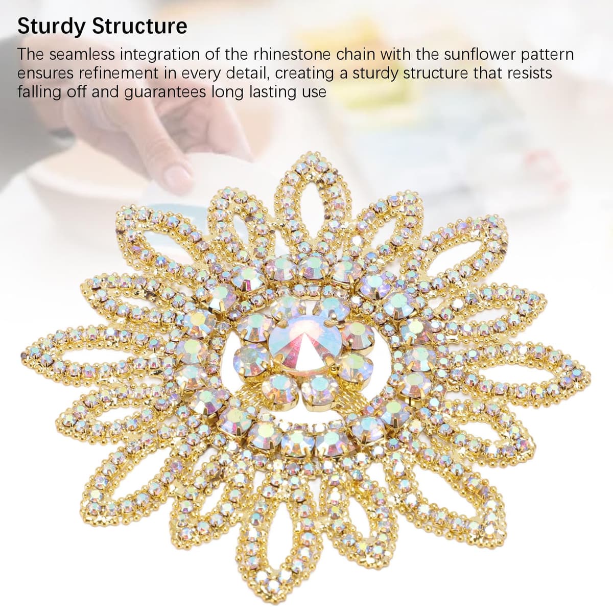 Crystal Glass Rhinestone Sunflower Embellishment Shiny Round Flower Decor for Clothing Bags Shoes Jewelry DIY Craft Accessories 4.3 Inch Diameter — view 8