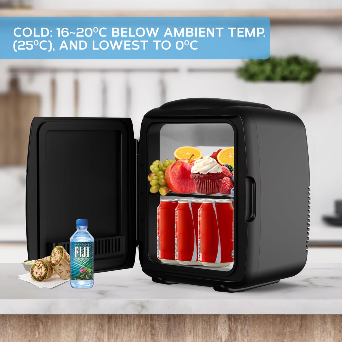 MONCOOK Mini Fridge For Bedrooms - Small, Portable & Quiet Mini Fridges For Skincare, Medicine, Food & Drinks - Cooling & Warming Function - Perfect For Home, Office, Car Or Travel - 14L - Black Mono — view 3