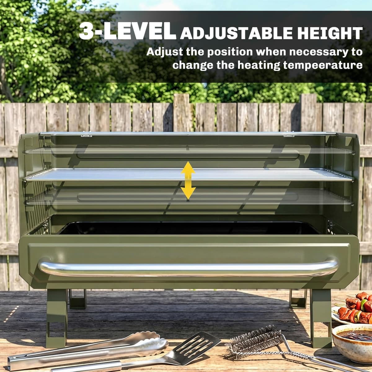 Outsunny Portable BBQ Grill, Charcoal Barbecue Grill with Adjustable Grates, Foldable Legs and Side Shelf for Camping Hiking Picnic Travel Garden Outdoor Cooking, Green — view 4