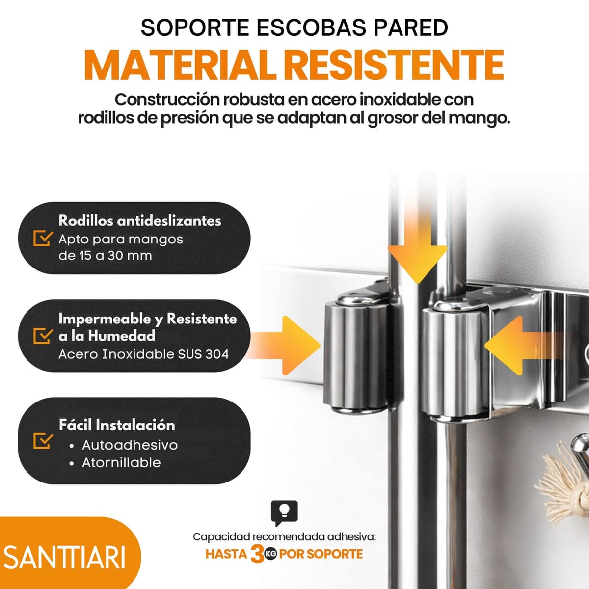 Pack Colgador Escobas y Fregonas + 1 Soporte Escobas Pared Adhesivo + 4 Ganchos | Acero Inoxidable Apto Exterior | Instalación con o sin Taladro (Incluye Adhesivo y Tornillería) | Hasta 15kg — view 2