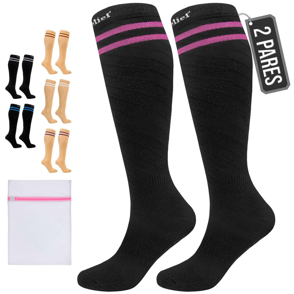 360 Relief Medias de Compresión Mujer y Hombre - 1 Par Calcetines de Compresión para Deportes, Correr, Volar, Viaje, Trabajo, Footing - S/M Beis con Bolsa de Malla — view 84