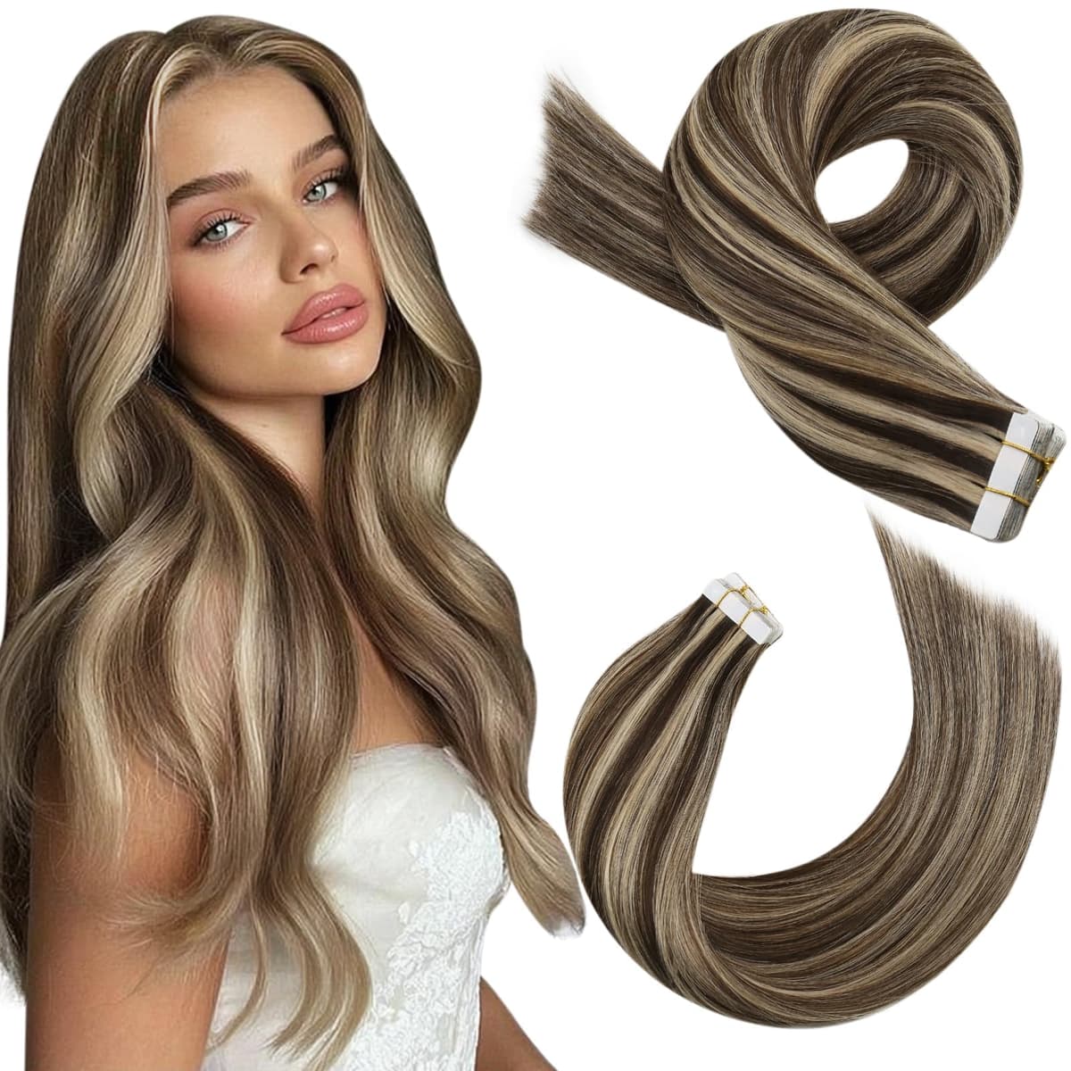 Moresoo Tape in Human Hair Extensions 20 Inch Highlight 50g/20pcs Tape in Hair Extensions Human Hair Ash Blonde with Platinum Blonde #P18/613 — view 56