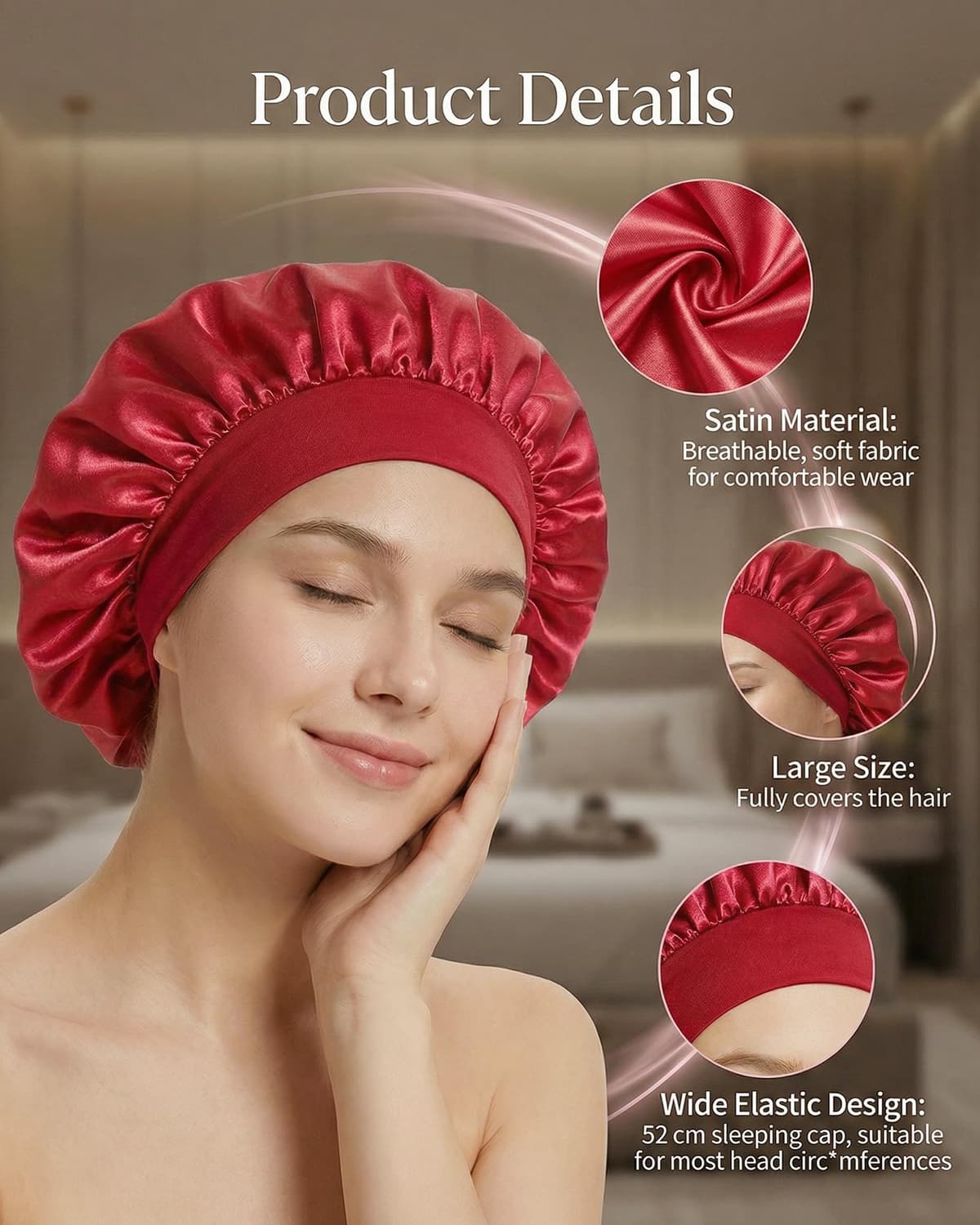 lulir Gorro de Seda para Dormir 2 Piezas - Gorro Saten Pelo Rizado con 2 Coleteros, Silk Bonnet Ajustable con Banda Elástica, Suave Antifrizz Cuidado del Cabello, para Mujer y Niña — view 4