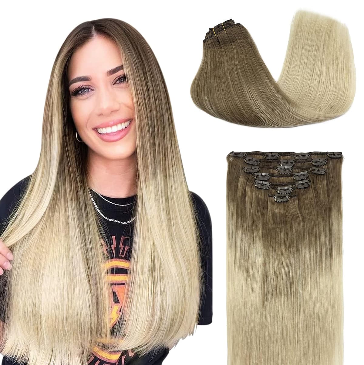 GOO GOO Clip in Hair Extensions Human Hair, 18inch 150g 9Pcs, #2 Dark Brown, Hair extensions for women, Human Hair Extensions Clip in — view 132