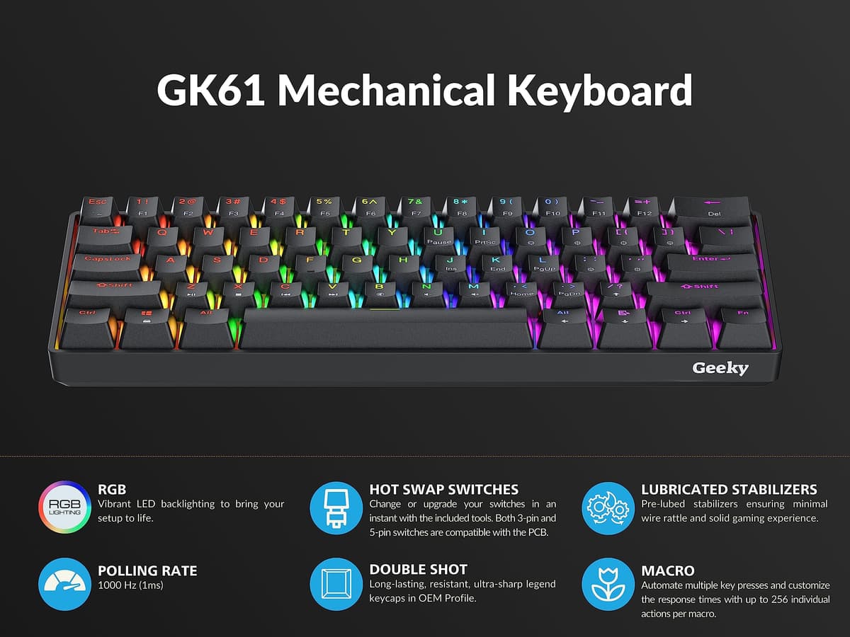 Geeky GK61 60% | Hot Swappable Mechanical Gaming Keyboard | 61 Keys Multi Color RGB LED Backlit for PC/Mac Gamer | ANSI US American Layout (Black, Mechanical Brown) — view 5