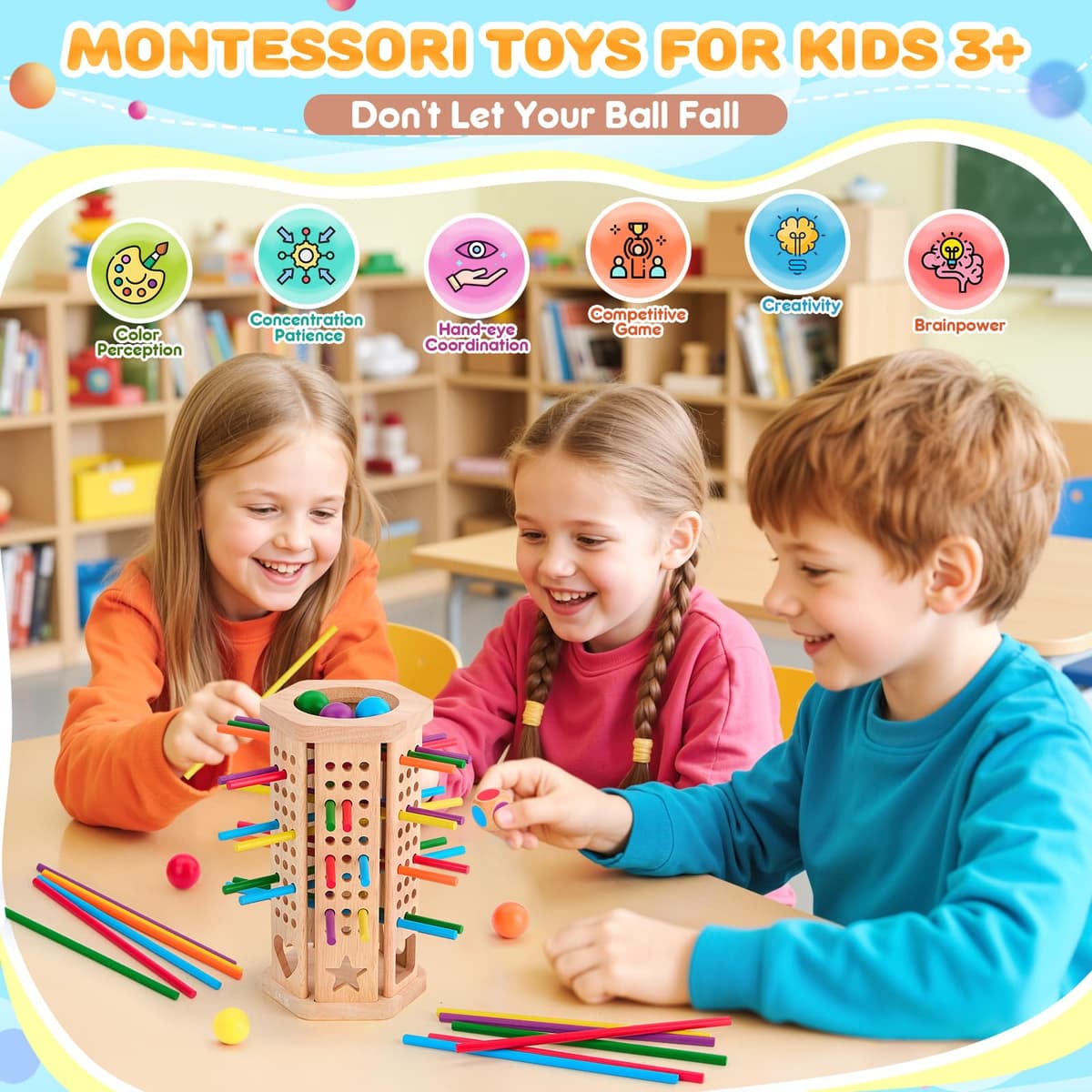 Montessori Toys Wooden Board Games Kids with 42 Colorful Wooden Sticks and Dice, Math Educational Toy Gifts for 3 4 5 6 Year Olds, Family Outdoor Travel Games Toy for Kids — view 3