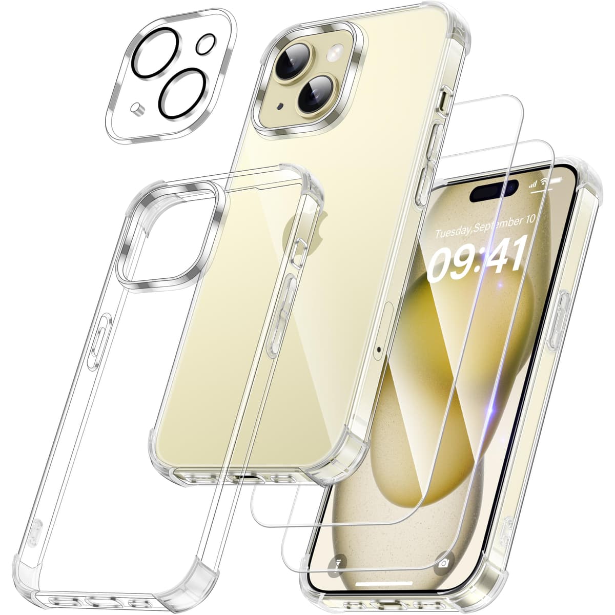 FLLAO 4 en 1 Funda para iPhone 15 con 2 Protector Pantalla y 1 Protector Lente Cámara, [Almohadilla de Aire integrada] Antigolpes Antiarañazos Carcasa 6,1 Pulgadas, Transparente — view 27