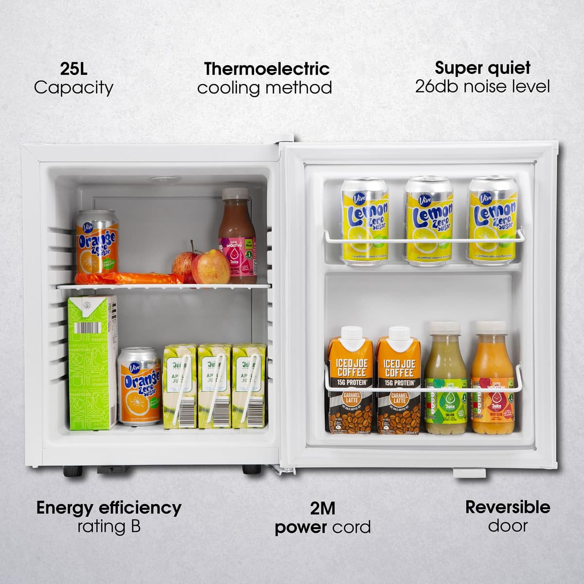 Abode Quiet Mini Cooler 25L Thermoelectric for Drinks with Adjustable Thermostat, Portable in White, Compact For Bedroom, Home, Caravan with Reversible Door A25THBC102W — view 3