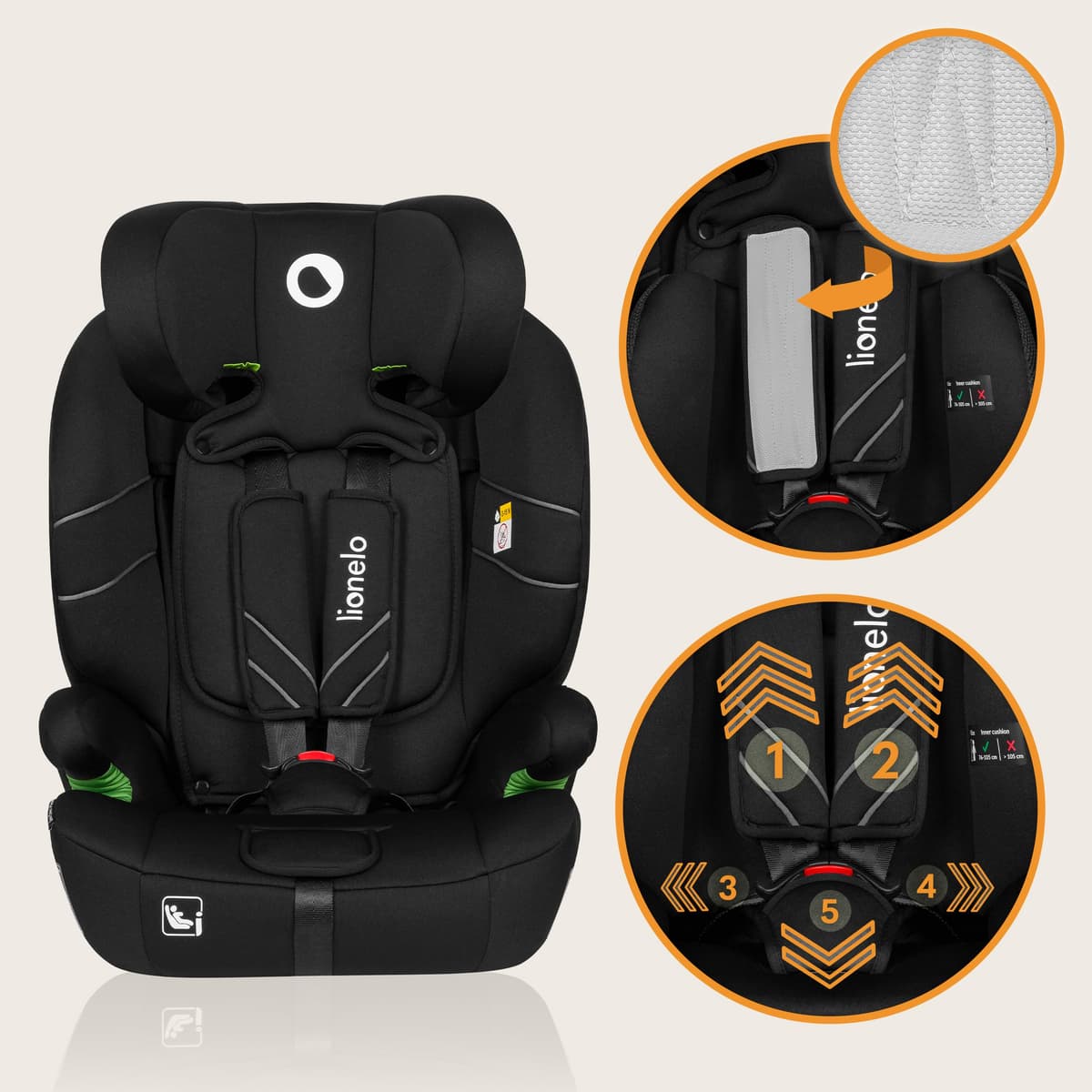 Lionelo Levi Adjustable Car Seat for 9-36kg Transforms with Your Child from Infant to 12 Years, Multi-Level Headrest & Insert Options, Enhanced Side Protection, Easy Install & Wash (ONE, Carbon) — view 3