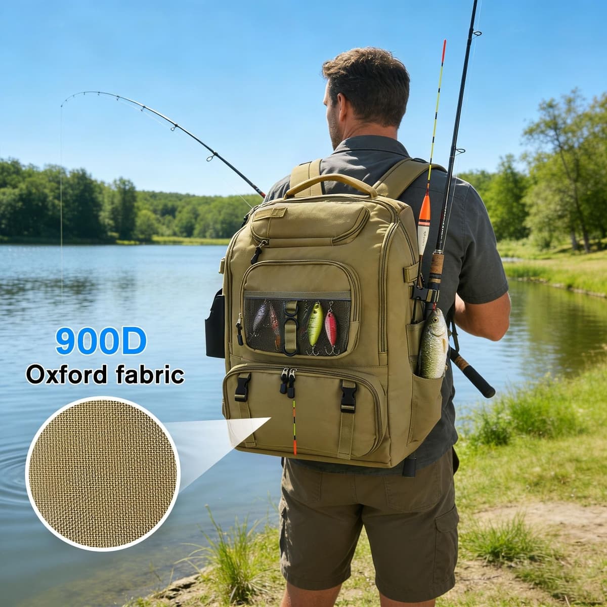 Mochila de pesca multifuncional 900D Oxford accesorios de pesca mochila con compartimento ajustable soporte para cañas de pescar bolsa de aparejos de pesca bolsa de 40 l para pesca de agua — view 4