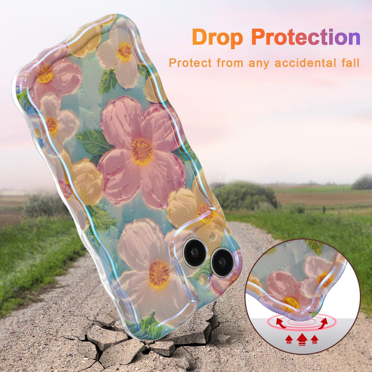 EYZUTAK Case for iPhone 15, Colorful Retro Oil Painting Flower Laser Beam Glossy Pattern Cute Curly Waves Border Exquisite Phone Cover Stylish Durable Soft TPU Protective Case for Girls Women - Green — view 3