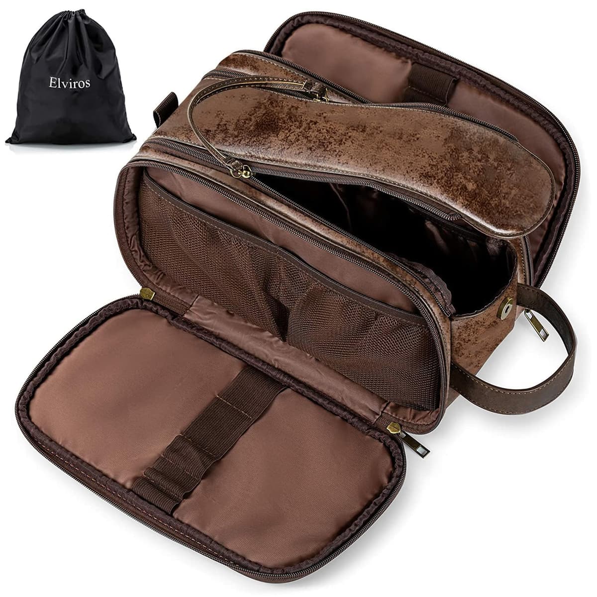 Elviros Water-Resistant PU Leather Toiletry Bag for Men Large Travel Wash Bag Shaving Dopp Kit Bathroom Gym Toiletries Makeup Organizer with Wet Dry Bag,Gift for Men — view 15