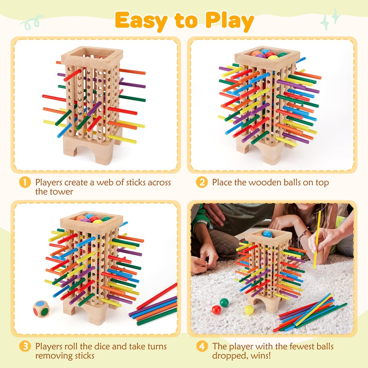 Montessori Game Wooden Board Games, 42 Colorful Wooden Sticks Dice Games Math Educational Toys for 3 4 5 6 Years Old, Fine Motor Skills & Counting Toy, Family Travel Game for Kids Gifts — view 4