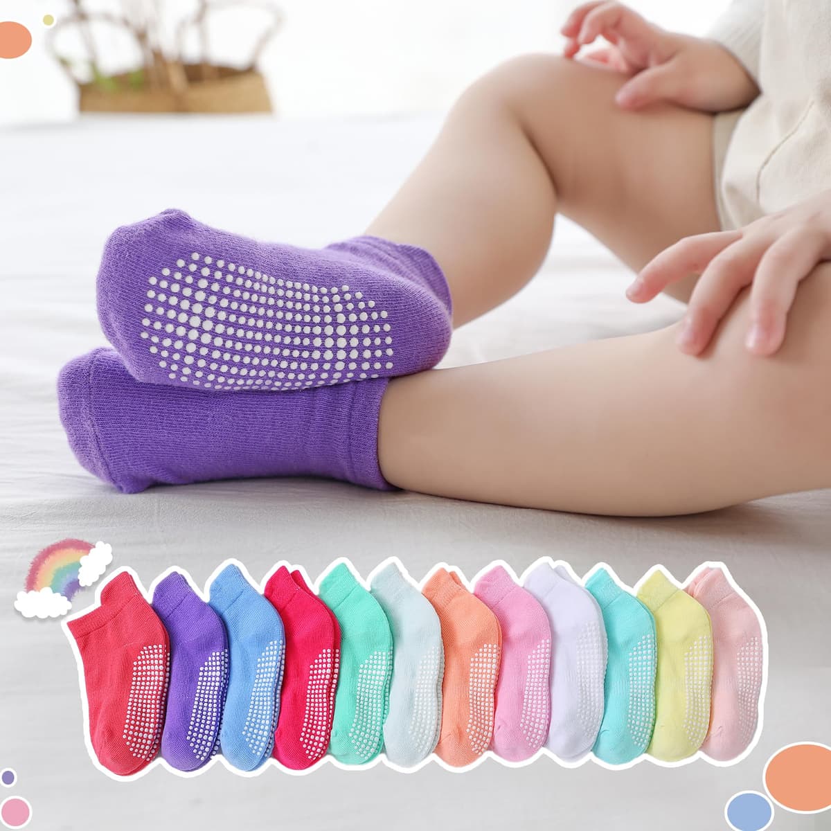 Aroveea Calcetines Antideslizantes Bebés y Niños Pequeños, 12 Pares Algodón Lindos de Tobillo, 6 Meses-7 Años — view 7