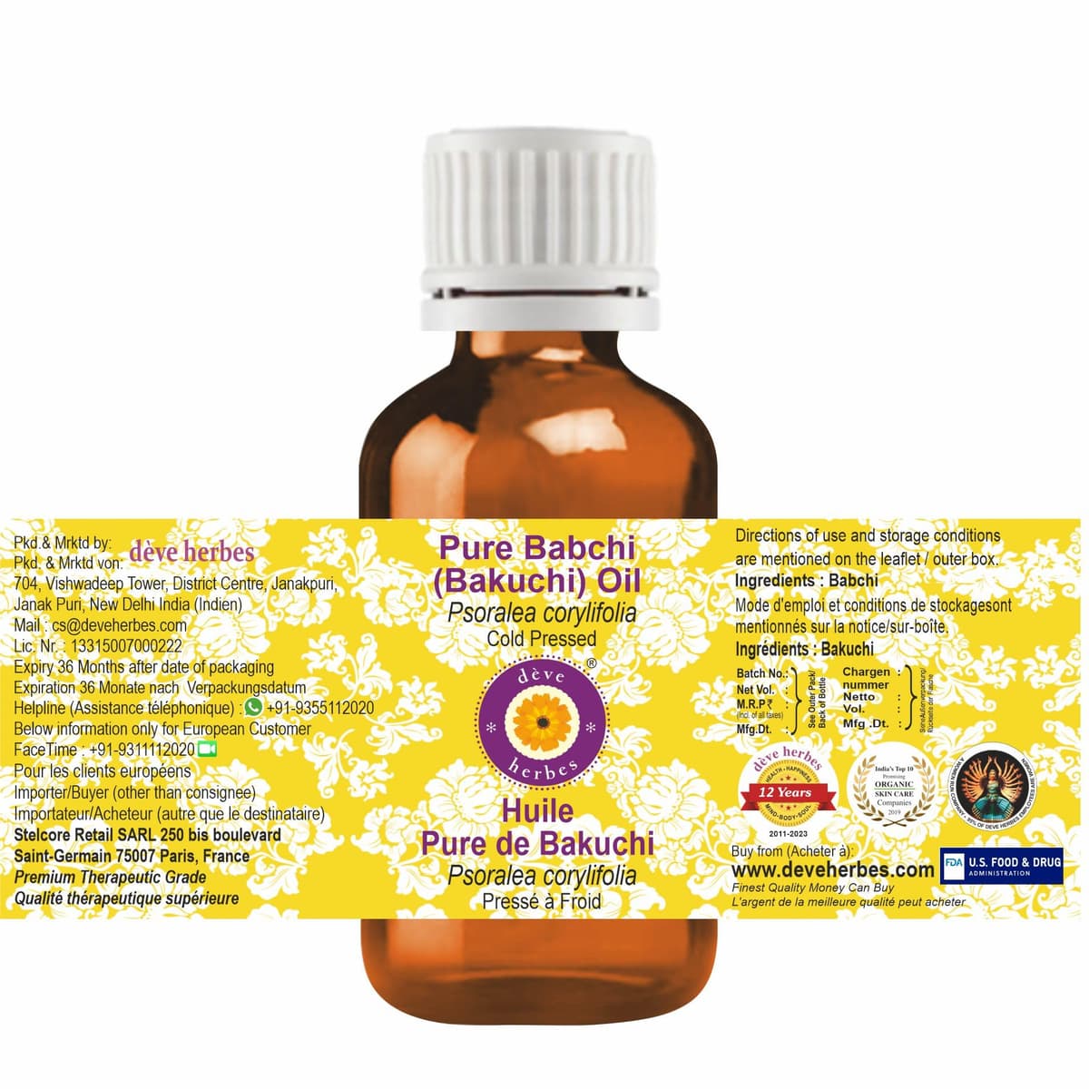 Deve Herbes Pure Babchi (Bakuchi) Oil (Psoralea corylifolia) Cold Pressed 30ml — view 2