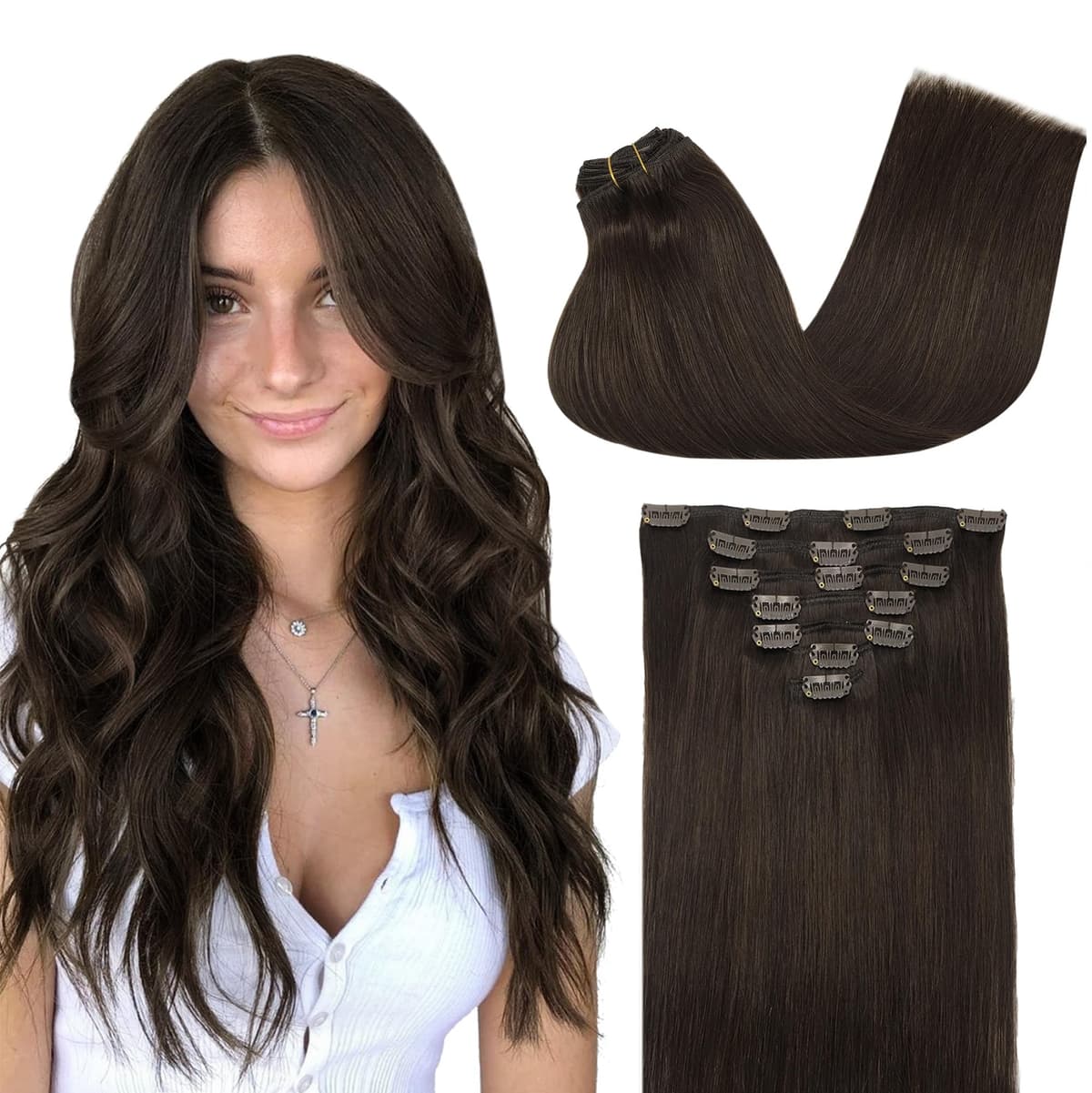 GOO GOO Clip in Hair Extensions Human Hair, 18inch 150g 9Pcs, #2 Dark Brown, Hair extensions for women, Human Hair Extensions Clip in — view 18