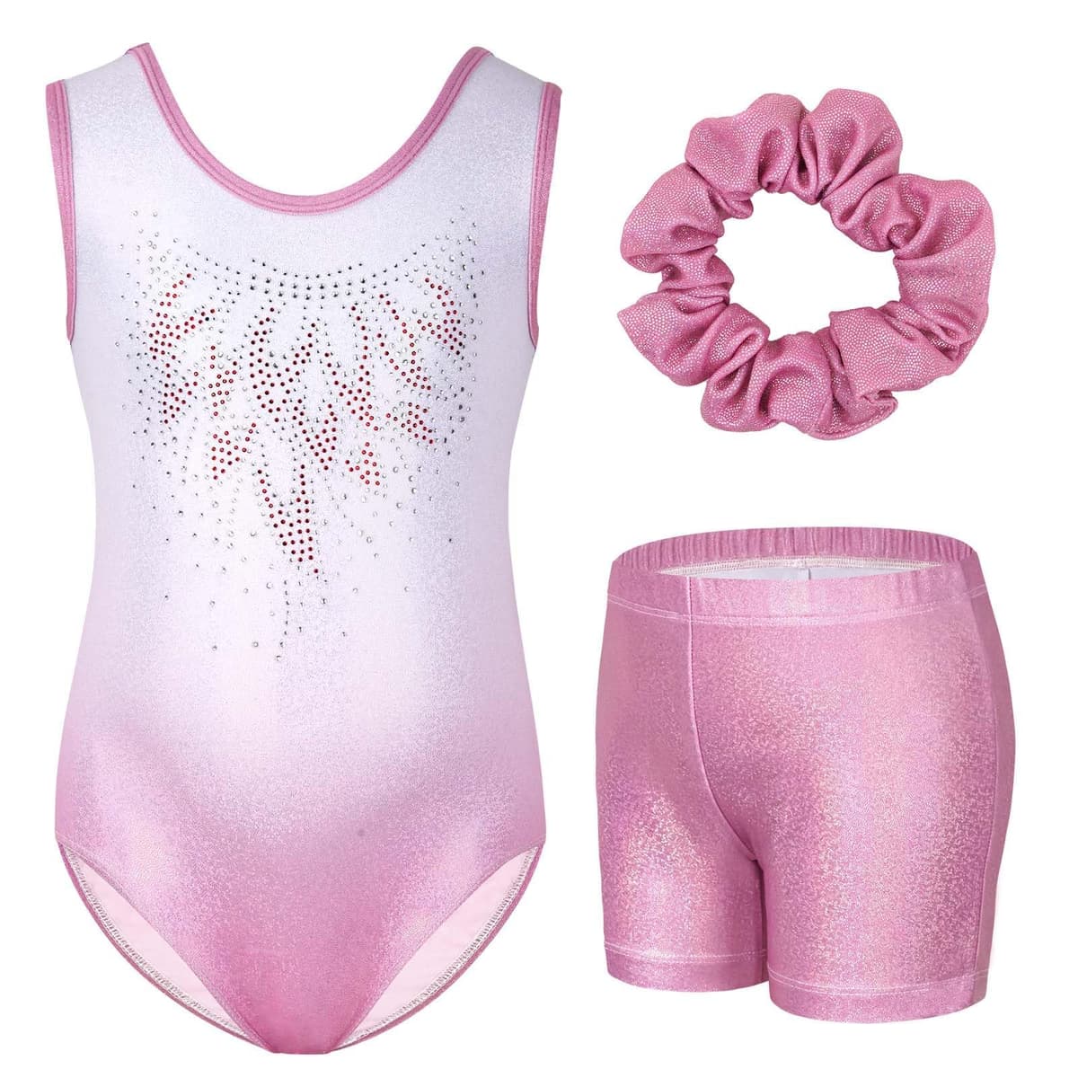 Gogokids Conjunto de gimnasia de tres piezas para niña, cuello en Y, sin mangas, con pantalones cortos y diadema, traje de gimnasia con diseño de bloques de color azul y morado, 3-12 años — view 33