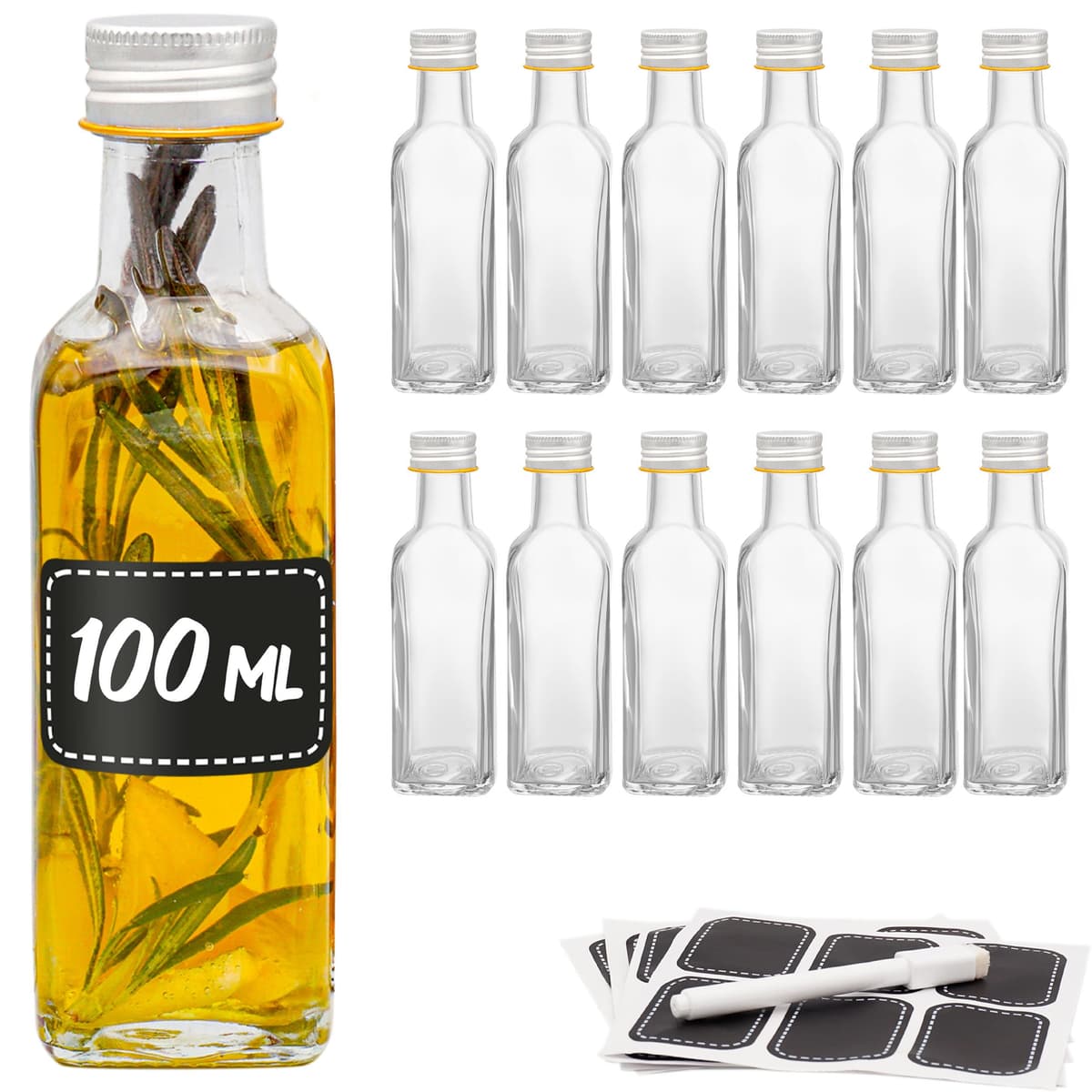 Praknu 12 Botellas Cristal 100ml con Tapón Rosca Hermético - Con 12 Etiquetas y Rotulador - Botella Vidrio para Licores Caseros, Aceite & Cerveza Artesanal