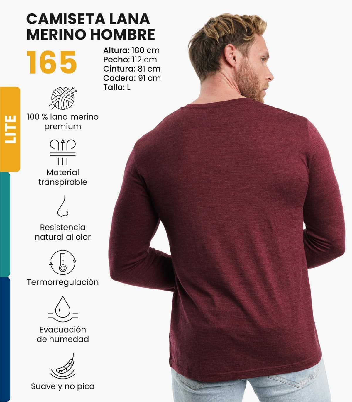 Merino.tech Camiseta Lana Merino Hombre - Deportiva Ropa Térmica 100% Lana Merino Ligero, Medio, Pesado con Calcetines — view 2