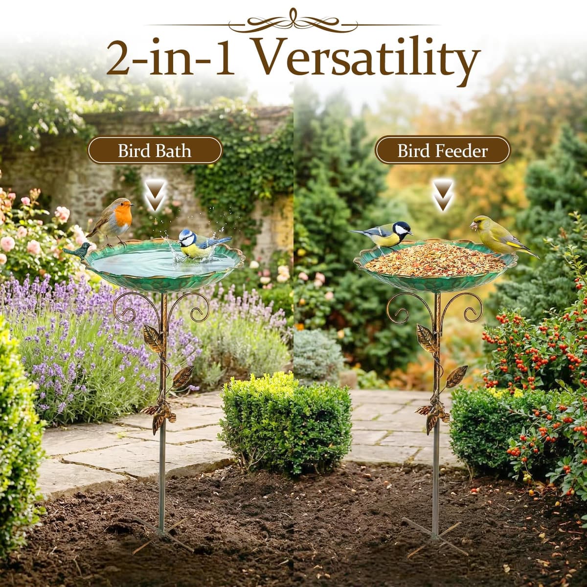 30In Metal Bird Bath for Garden, Vintage Freestanding Birdbaths & Supports, Double Bowl 2-in-1 Bird Feeders Detachable Bird Bath Water Station for Outdoors Garden Patio Yard Lawn Decor — view 2