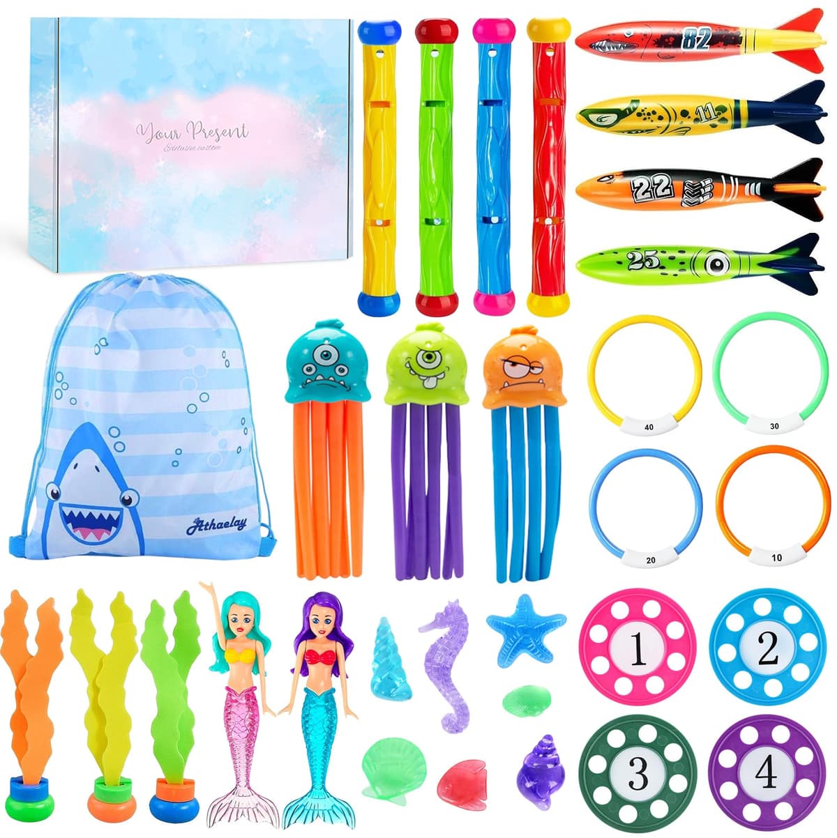 33 Piezas Juguetes de Buceo en Piscina, Juguete Subacuático para Niños, Conjuntos de Juguetes Natación Subacuática con Bolsa de Almacenamiento Juegos de Agua en Verano para Niños