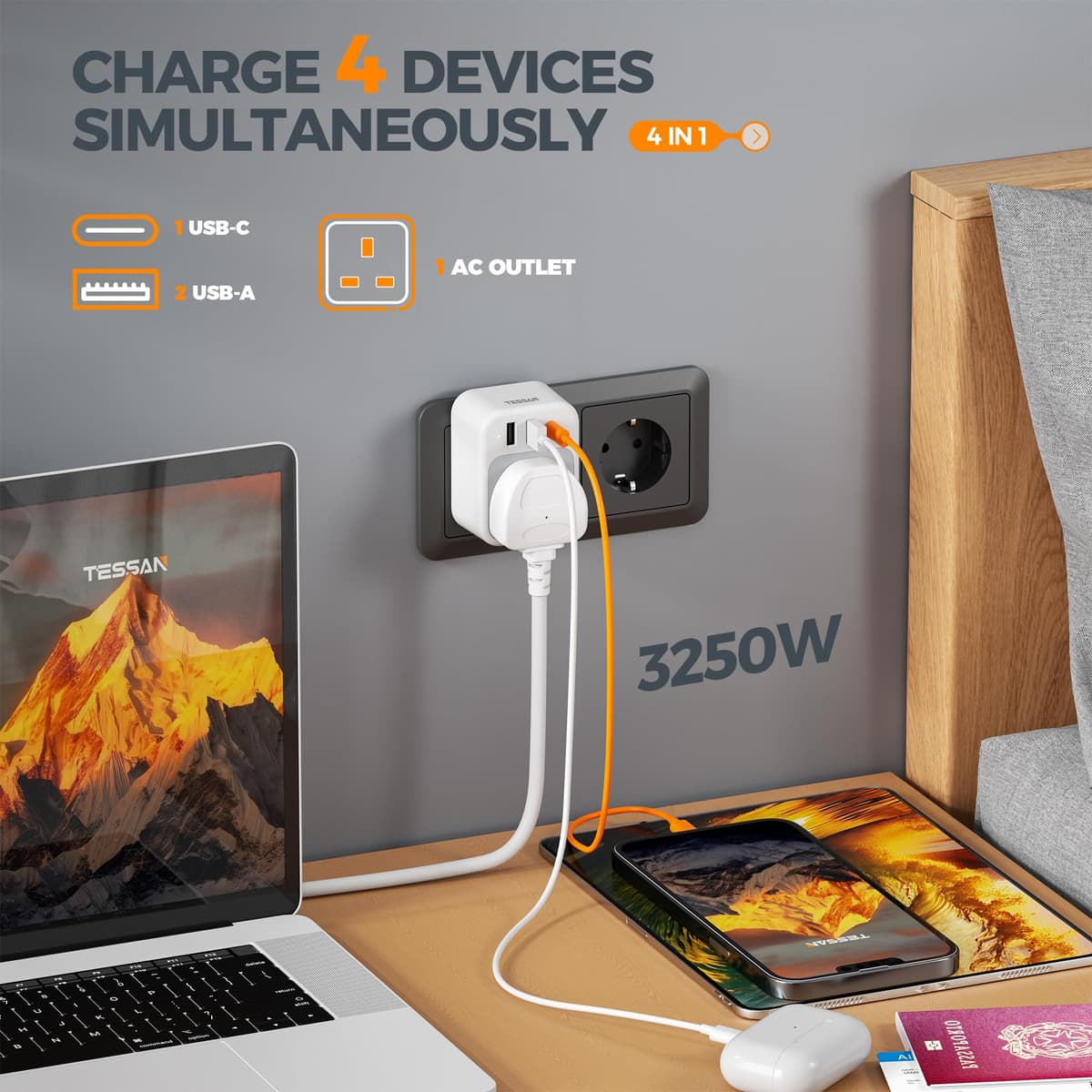 TESSAN UK to European Plug Adapter 2 Pack, USB C Travel Adapter UK to Europe with 3 USB, 4 in 1 Type E F EU Plug for Euro Spain France Turkey Germany Egypt Norway Iceland Greece Portugal Poland — view 4