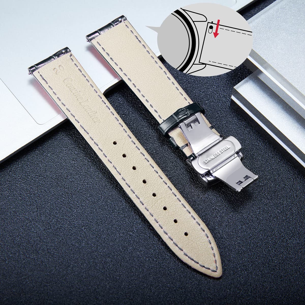 BINLUN Correa de Reloj de Cuero Correa de Piel Repuesto para Hombres/Mujeres con Hebilla de Despliegue Mariposa Plata/Oro/Oro Rosa 12mm-24mm 10 Colores — view 3