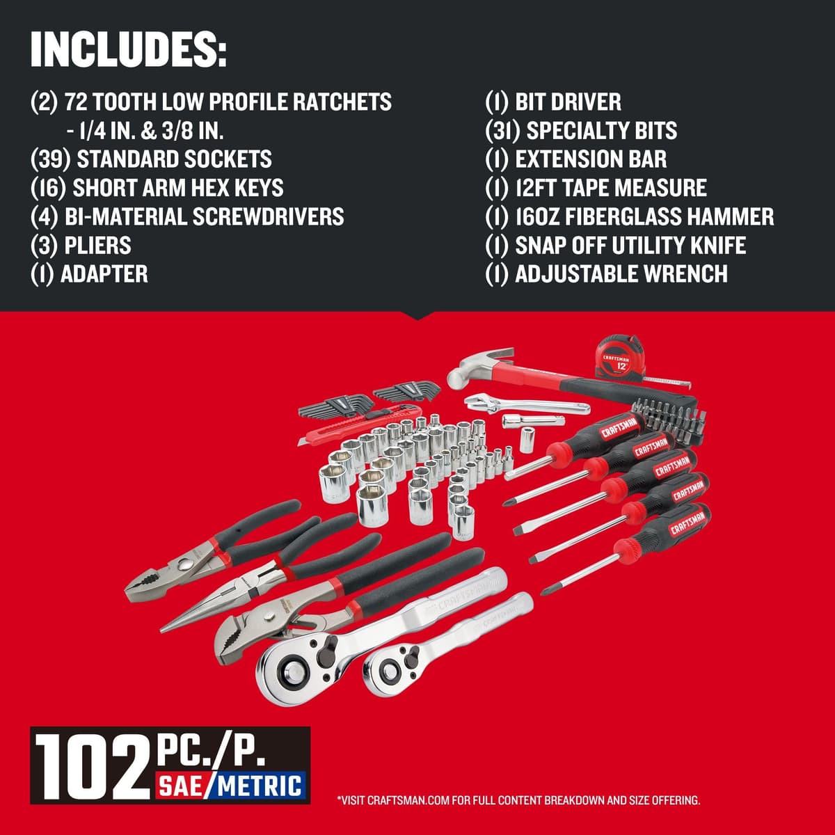 CRAFTSMAN 102-Piece Tool Kit for Home and Car, Durable Hand Tools Set with SAE and Metric Socket Set, Screwdrivers, Wrench, Hammer, Pliers, Knife, Hex Keys, Specialty Bits, Tape Measure (CMMT99449) — view 3