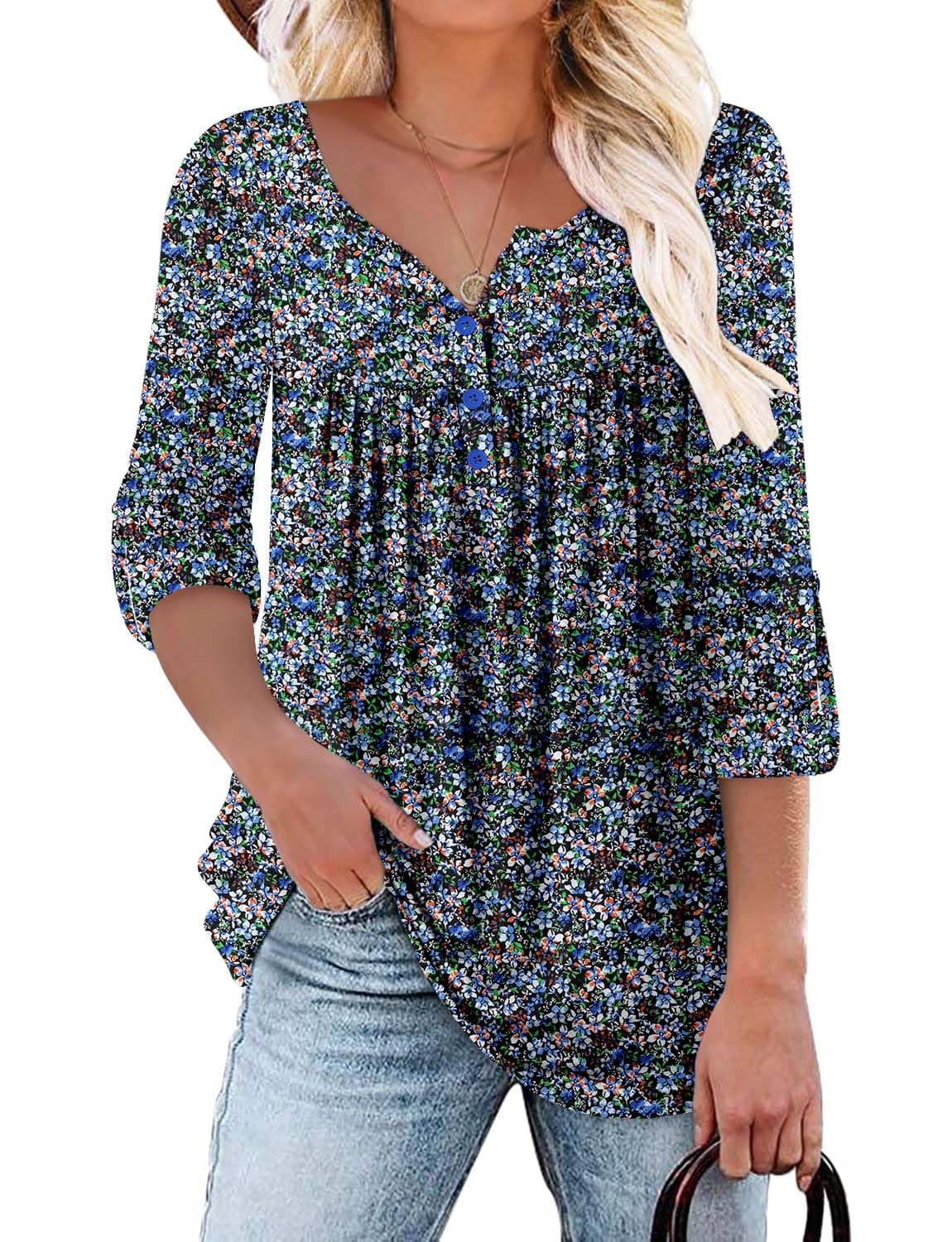 KISSMODA Ladies Pleated Tunic Tops for Women Buttons up Long Sleeve Shirts Floral Print — view 21
