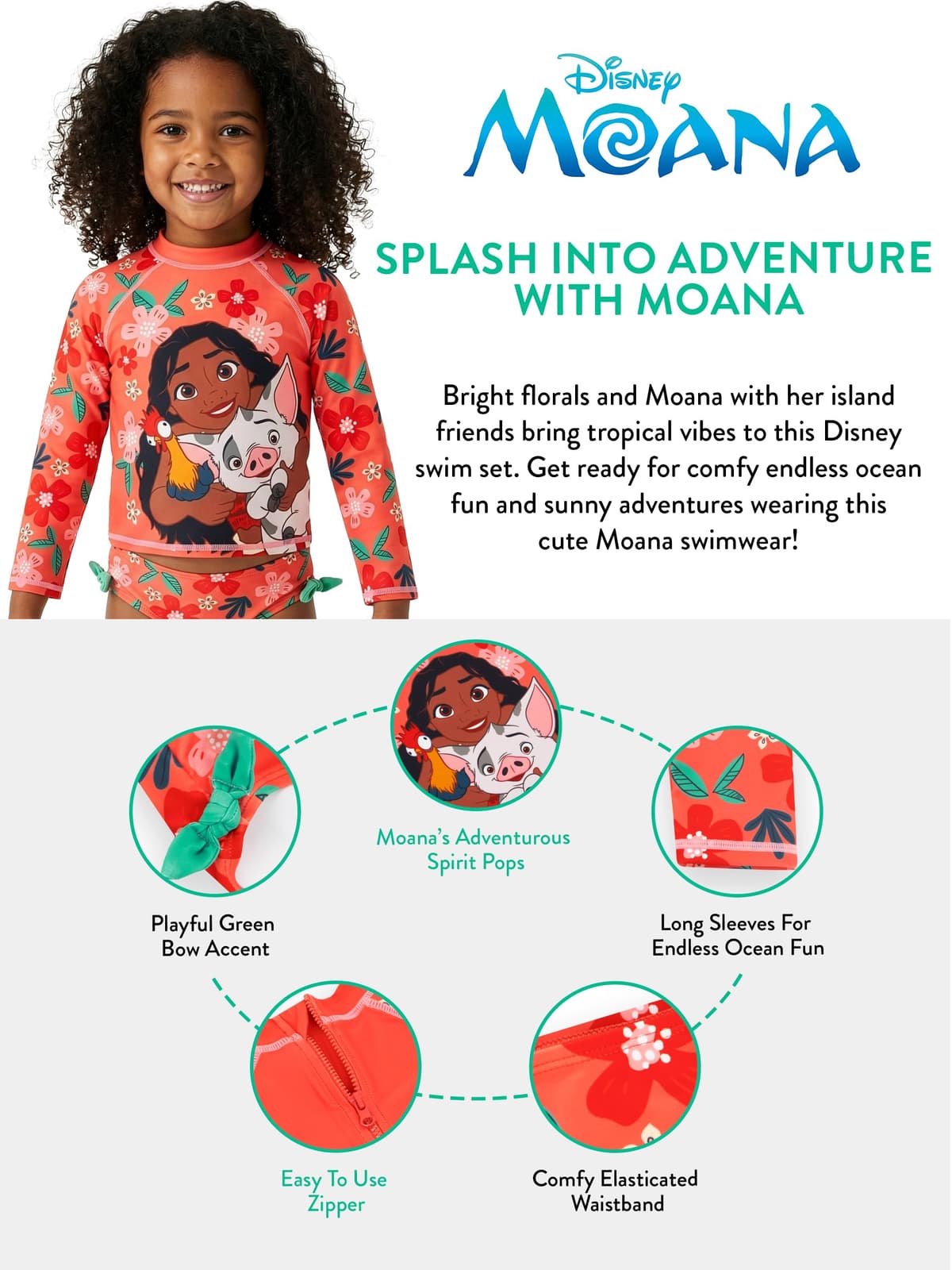 Disney Moana Bañador Natacion Niña, Bañador Niña Manga Larga con Arcos, Traje De Baño De Dos Piezas Moana — view 5