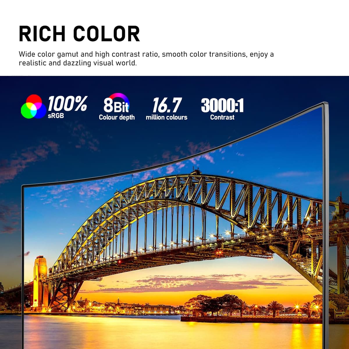 Gawfolk 32 Inch 4K UHD Curved 1500R Computer Monitor, Ultra-Clear (3840×2160p) Screen, 100% sRGB, 178° Viewing Angle, DisplayPort 1.4, HDMI 2.0, Compatible with Wall Mounting 100 * 100MM - Black — view 4