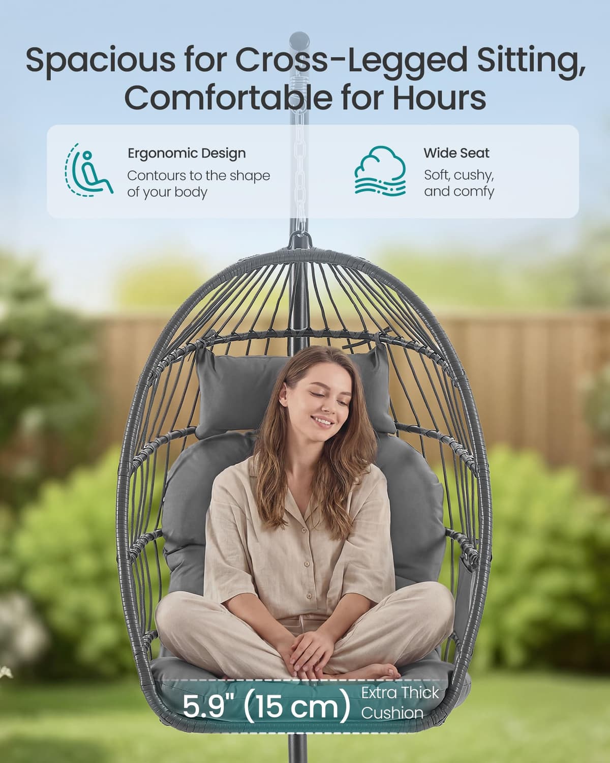 SONGMICS Outdoor Hanging Egg Chair, Foldable Removable Basket, Height-Adjustable Swing Chair, Side Pocket, Cushion, for Living Room, Garden, Balcony, Grey GDC050GZ02 — view 3