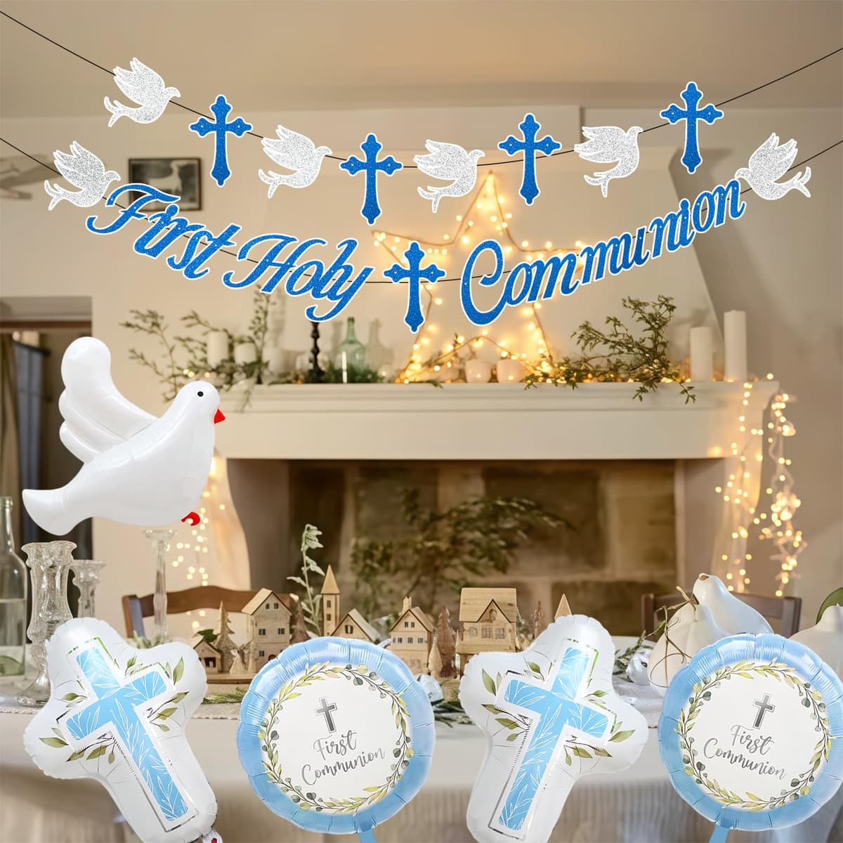 First Holy Communion Decorations Blue Set Communion Banner Communion Foil Balloons Dove Cross Party Supplies Boys Girls First Communion Decorations Confirmation Decorations Church Party Backdrop Kit — view 5